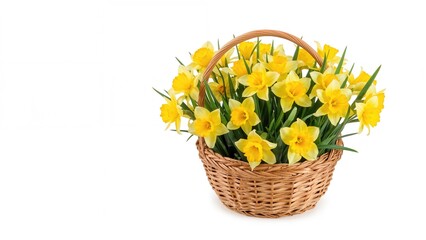Basket full of muffins decorated with yellow daffodils on white background food,flowers,isolated,spring,white background,green,lemon,yellow,seasonal,basket