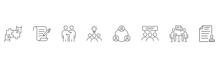 Puzzle partnership, agreement, collaboration, brainstorm, teamwork, group meeting, negotiation, document stamp icon vector illustration set