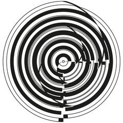 Concentric circle element. Abstract optical spiral. Black white dynamic. Vector rotation illustration.