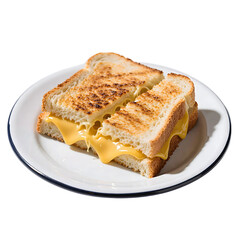 Delicious grilled cheese sandwich on white plate against black background, comfort food concept of classic meals and simplicity.