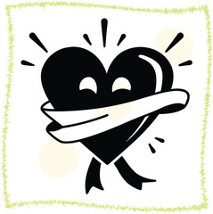 Stylized black heart with a white banner and radiating lines conveying affection and positivity for greeting cards and graphic design projects