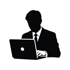 Silhouette businessman working on laptop in formal attire representing business and technology isolated on white background