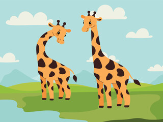 Two giraffes on the background of savannah.Kids African animals.Flat cartoon vector illustration
