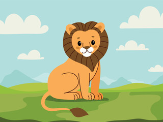 Lion on savanna background.Kids African animals.Flat cartoon vector illustration