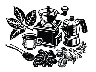 Vintage Engraving Style Coffee Making Icon Vector Set