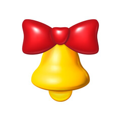 Golden Christmas bell with red ribbon bow vector illustration — glossy 3D icon.