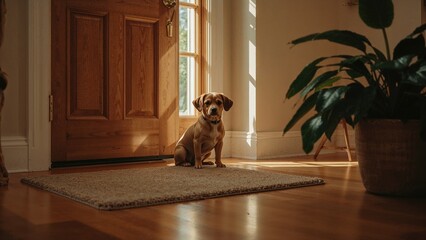 A small brown dog sitting on a rug near a closed front door, patiently waiting to go outside. Cozy home interior with soft natural light