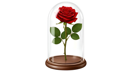 Single red rose preserved under a glass dome on a transparent background