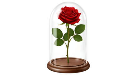 Single red rose preserved under a glass dome on a transparent background