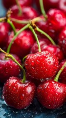 Fresh red cherries with water drops on dark wet surface