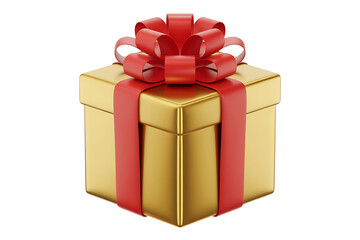 Obraz premium Golden box adorned with a vibrant red bow, conveying celebration and gift-giving joy.