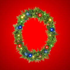 Christmas wreath with letter O on red background