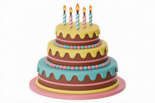 Festive multi-tiered cake with colorful candles, celebrating a joyous occasion and sweet treats.