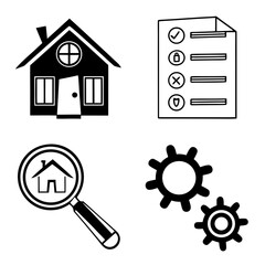 Set of four icons representing home search checklist and gears for process or mechanics in a clean graphic style