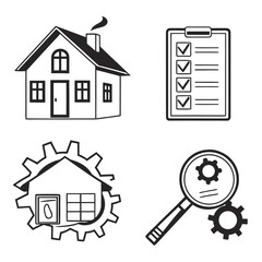 Set of four black and white icons representing house inspection checklist engineering and search for home improvement services