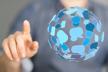 Person interacting with digital communication sphere, highlighting connectivity, information, and global interaction. Perfect for tech, communic