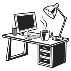 A black and white illustration of a desk with a computer keyboard lamp and a steaming cup of coffee