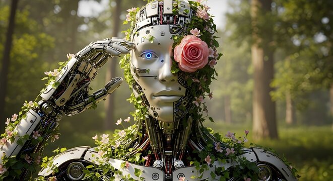 Enchanting forest spirit woman adorned with flowers and greenery in a lush woodland setting