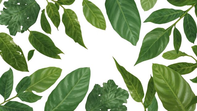 Green leaves and branches of jackfruit tree isolated on white background. Top view