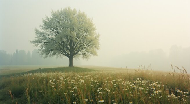 Lone tree in a field of flowers on a foggy day copy space plant background