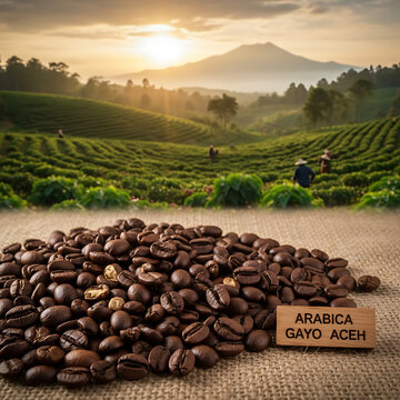 Close-up of Arabica Gayo Aceh coffee beans on burlap with a scenic coffee plantation in the background at sunrise. Captures the natural beauty and premium quality of Indonesia&rsquo;s Gayo coffee.
