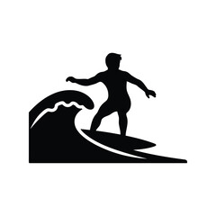 Surfer silhouette riding a wave in a dynamic action pose with a clean design isolated on white background