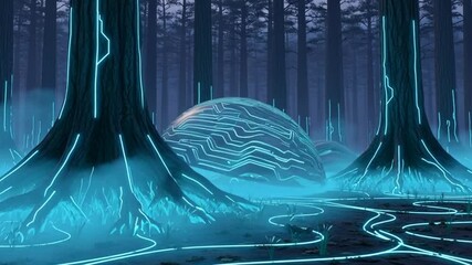 Mysterious forest awakens with vibrant neon energy pulsing through ancient trees and an otherworldly orb glowing with futuristic light - Powered by Adobe