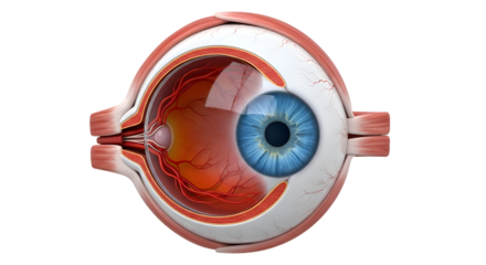 Detailed 3d anatomical illustration of a human eye with blue iris isolated on transparent background