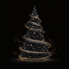 Black Christmas Tree with Gold Ornaments and Fairy Lights