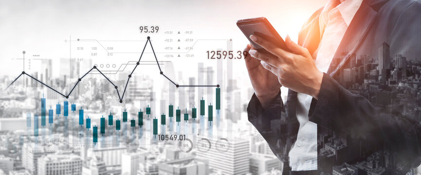 A businessman interacts with a smartphone while financial charts and data overlay the urban cityscape, symbolizing modern technology role in market analysis. Scalp - Powered by Adobe