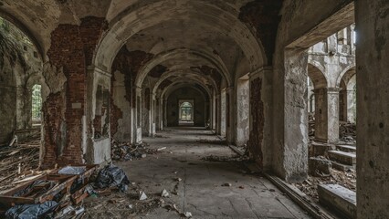 Mystical interior of ancient castle ruins, abandoned building with old walls, corridor with garbage and mud, vandalized historic structure.