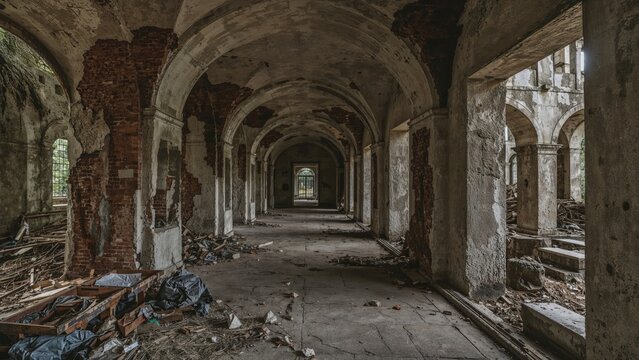 Mystical interior of ancient castle ruins, abandoned building with old walls, corridor with garbage and mud, vandalized historic structure.