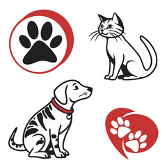 Collection of stylized icons featuring a dog a cat and paw prints within a circle and heart shapes