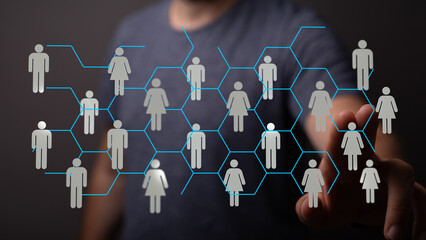 Concept of global digital network with connected people, hand touching the interface, teamwork and connection concept