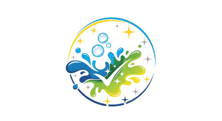 Fototapeta premium Cleaning service logo with water splash and check mark vector design for hygiene and sanitation isolated on white background