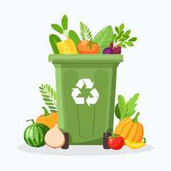 Organic waste and recycling bin concept with fresh fruits and vegetables