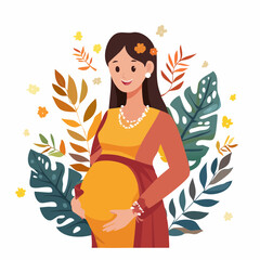 Pregnant Woman Illustration Surrounded by Leaves, Celebrating Motherhood and New Beginnings