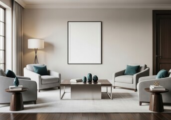 Modern living room with artwork and furniture isolated on white background