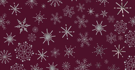 Seamless pattern of silver snowflakes on a dark red backdrop. Great for holiday backgrounds, winter themed designs, and festive decorations. Per