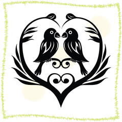Elegant Silhouette of Two Birds Perched on a Heart Shaped Branch Creating a Romantic and Peaceful Atmosphere with a Whimsical Frame Design