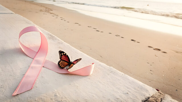A butterfly resting on a pink ribbon near the beach