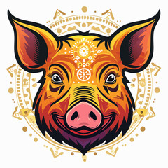 Stylized and vibrant pig head illustration, adorned with intricate mandala patterns and radiant colors, conveying a cheerful and ornate design suitable for diverse creative projects