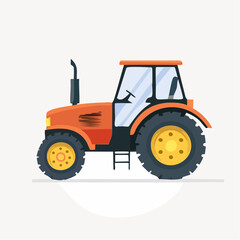 Vibrant orange agricultural tractor illustration, depicting modern farming equipment and heavy machinery for land cultivation, harvest, and rural transportation