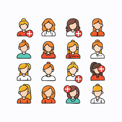 Set of female user avatar icons with an add friend or new member symbol. Collection of colorful woman profile pictograms for social media and user interface design