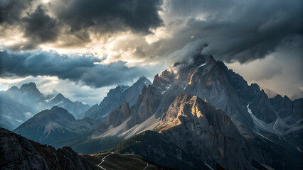 Fototapeta premium Dramatic mountain ridge with storm clouds above rugged peaks