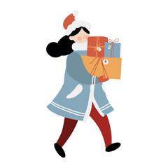 A woman in winter clothing carries boxes of Christmas presents. Illustration of a girl with gifts. Vector flat clipart isolated on a white background