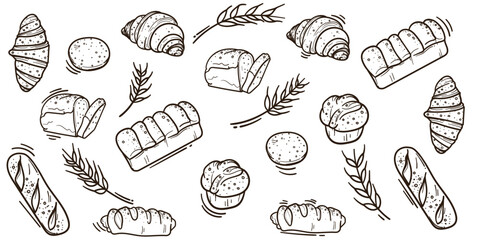 Vector pattern of Bread in doodle art design. set collection of bread for fast food campaign