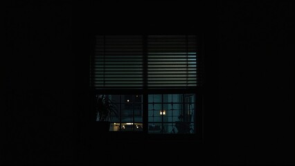 Window with roller shutters, dark outside, roller shutters half closed. Plant on the windowsill. Evening atmosphere by the window. Night outside, but coziness inside.