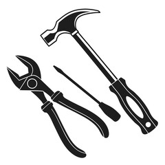 A collection of essential hand tools including a claw hammer pliers and a screwdriver presented as a simple black silhouette on a white background