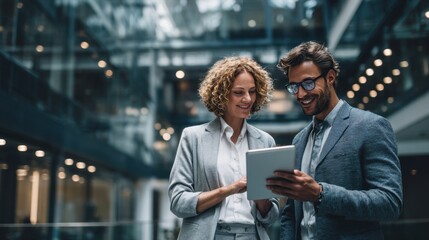 Obraz premium Two professionals share ideas while reviewing a tablet in a sleek office space during daylight.